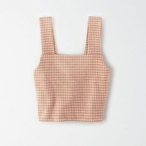 American Eagle Square Neck Cropped Tank Top - Brown Check - Size Medium